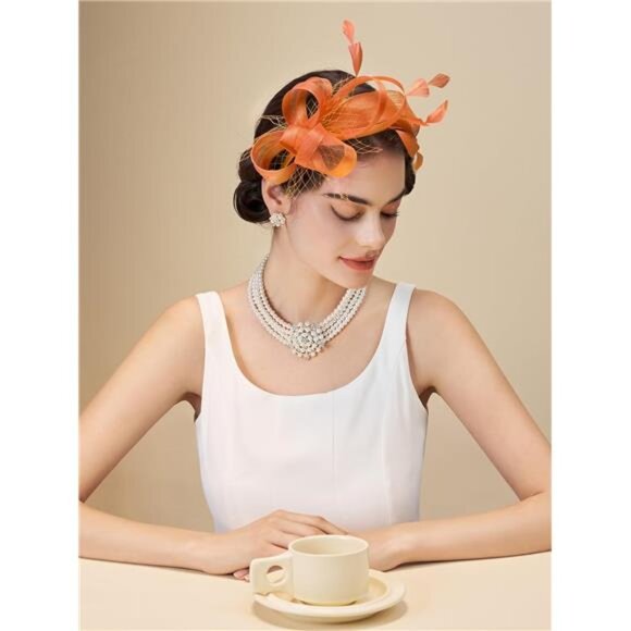 Fascinators Headband with Feather, Orange main image 6